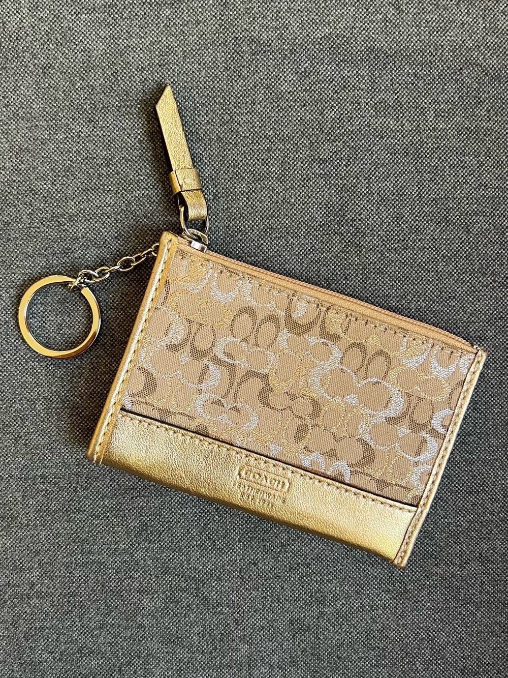 Coach Metallic Gold Signature Card Holder w/Keyring ID Case Coin Purse